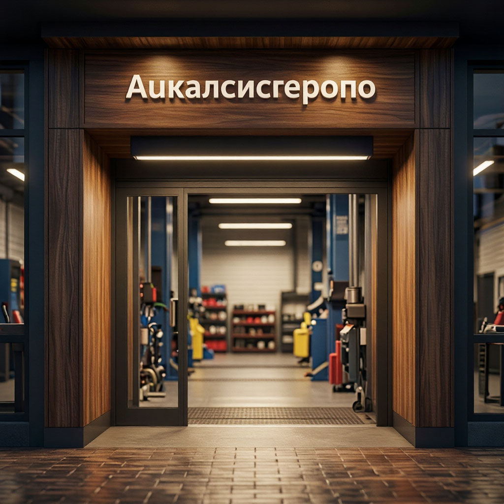 Вход в автомагазин-автосервис с вывеской, дневной свет